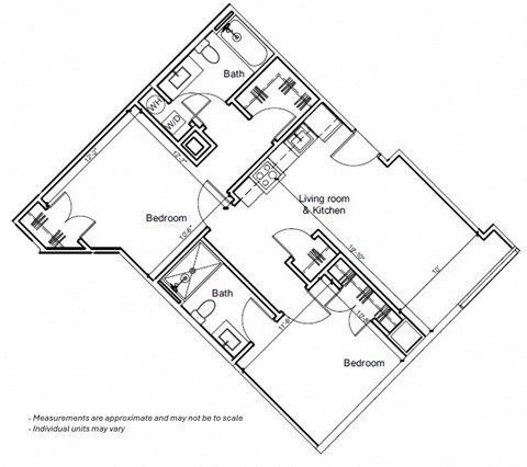Floor plan for 2 beds, 2 baths, 880 sqft